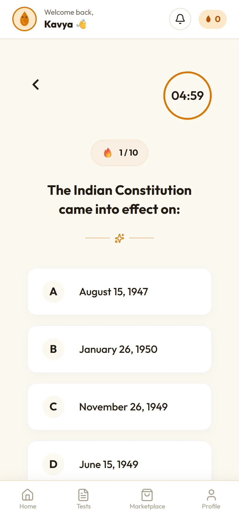 HeyMey app screen: Five minutes, ten questions